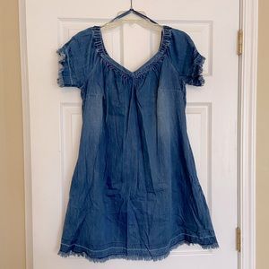 Denim Bebe Dress raw hem flirty summer medium wash v-neck